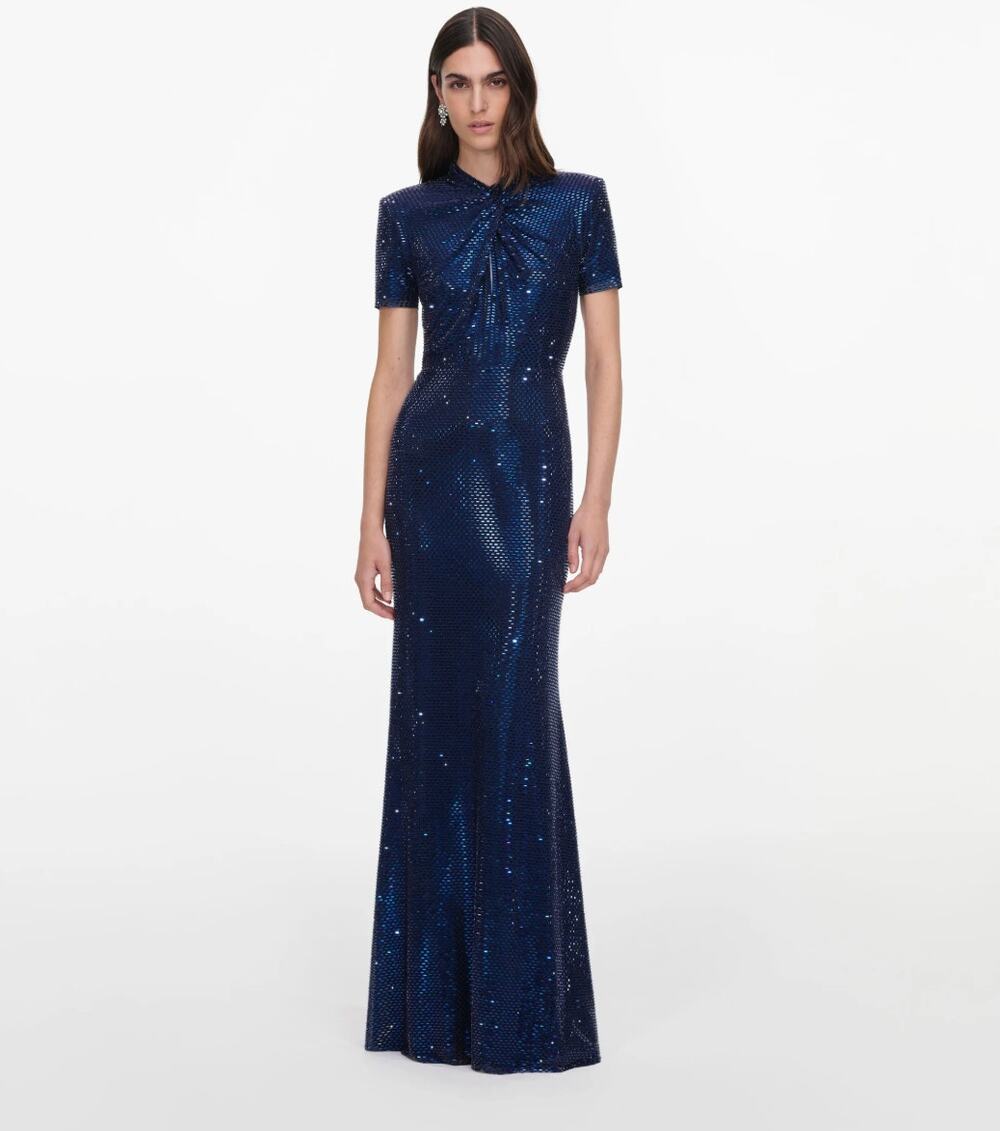 Self-Portrait Navy Rhinestone Mesh Twist Maxi Dress